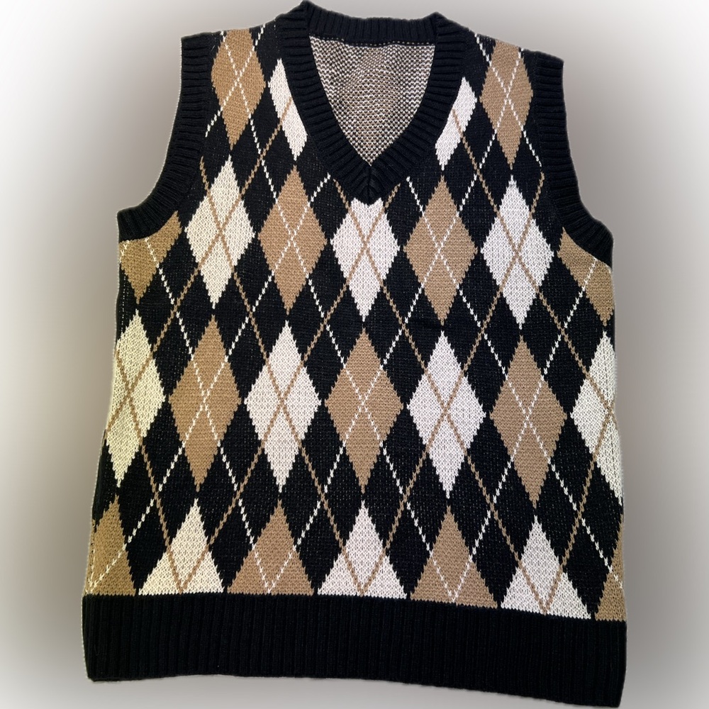 Women’s SHEIN Argyle Sweater Vest - Black, White, and Brown